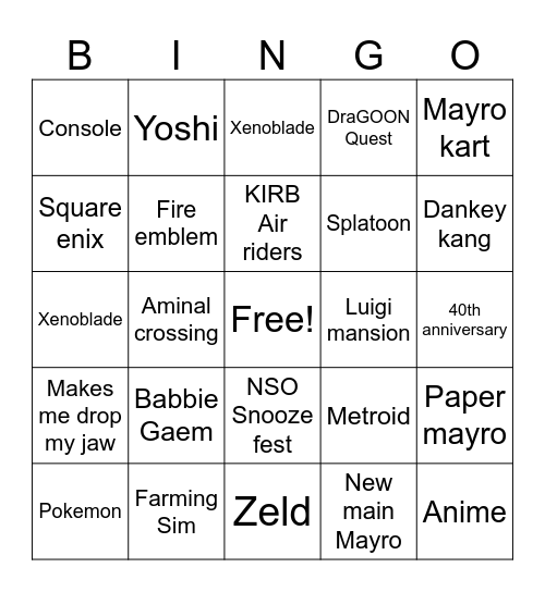 Nintendo Direct Bingo Card