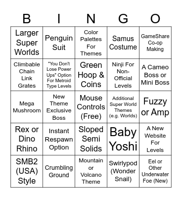 TheMasterDS Presents Super Mario Maker 3 Wishlist Bingo Card