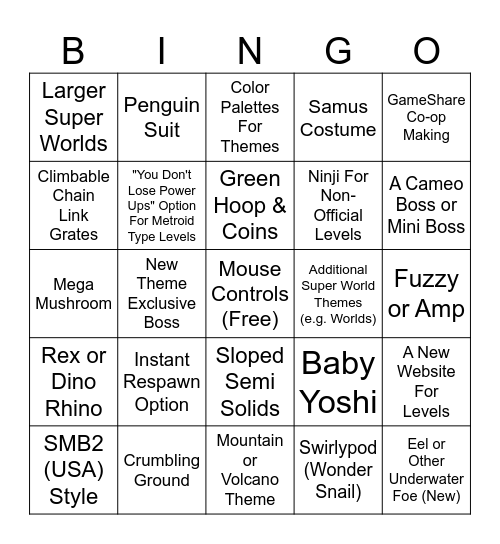 TheMasterDS Presents Super Mario Maker 3 Wishlist Bingo Card