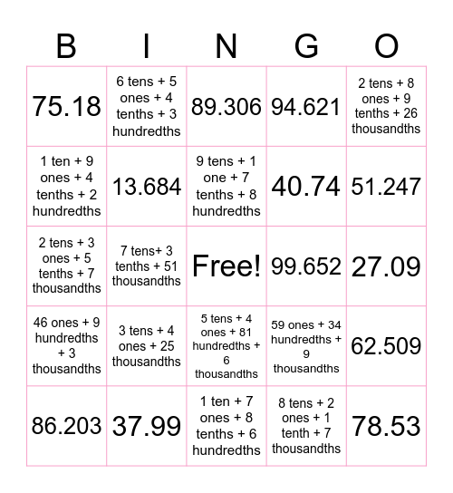 Composing and Decomposing Bingo Card