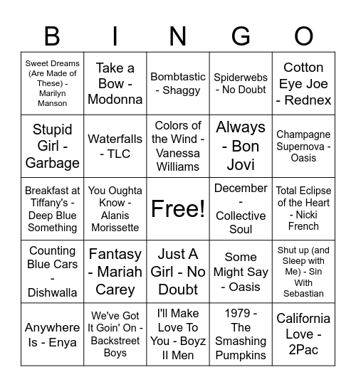 1995 Songs! Bingo Card