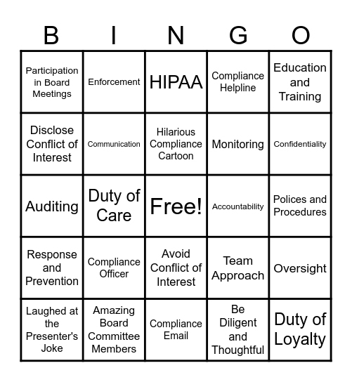 I'm Compliant! Bingo Card