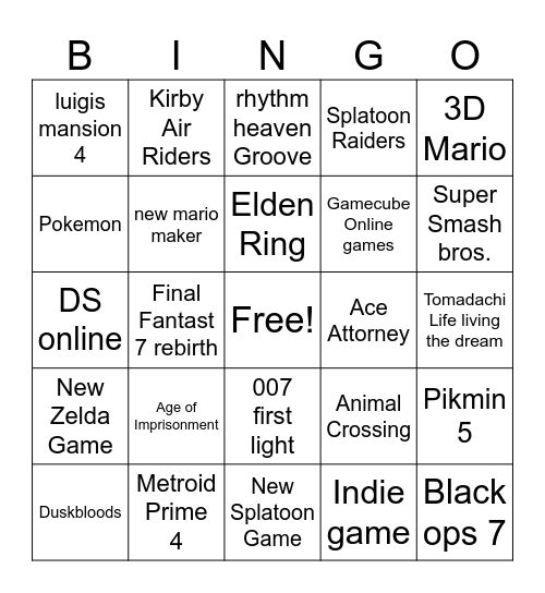 Nintendo Direct 9/12/25 Bingo Card