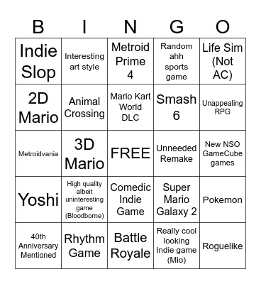 September Nintendo Direct 2025 Bingo Card