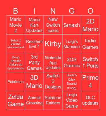 Nintendo Direct 9/12 Bingo Card