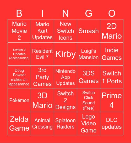 Nintendo Direct 9/12 Bingo Card