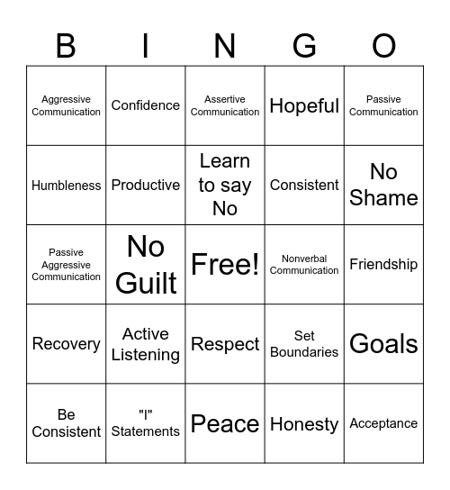 Assertiveness Skills in Recovery Bingo Card