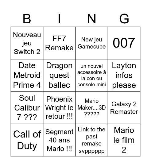 Nintendo Direct Septembre (Le banger ???) Bingo Card