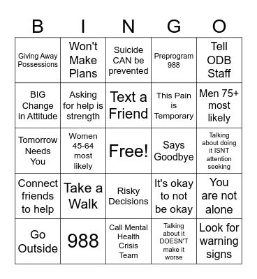 Suicide Awareness Month Bingo Card