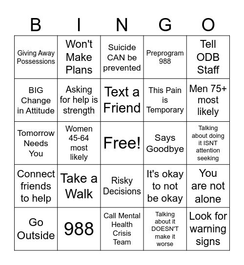 Suicide Awareness Month Bingo Card