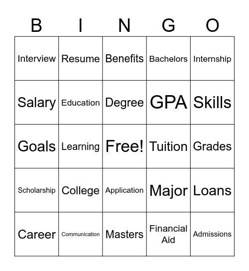 College and Career Bingo Card