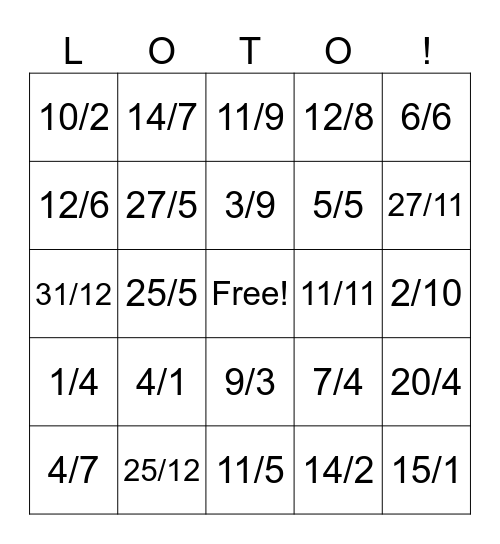 Les dates en français Bingo Card