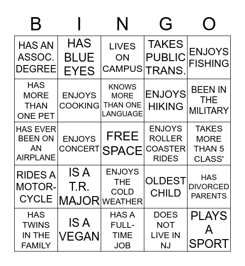 ACTIVITY PLAN ASSIGNMENT Bingo Card