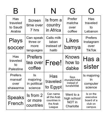 Arab Student Organization 2 Bingo Card