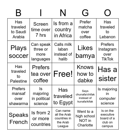 Arab Student Organization 2 Bingo Card