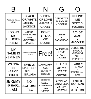 90'S MUSIC Bingo Card