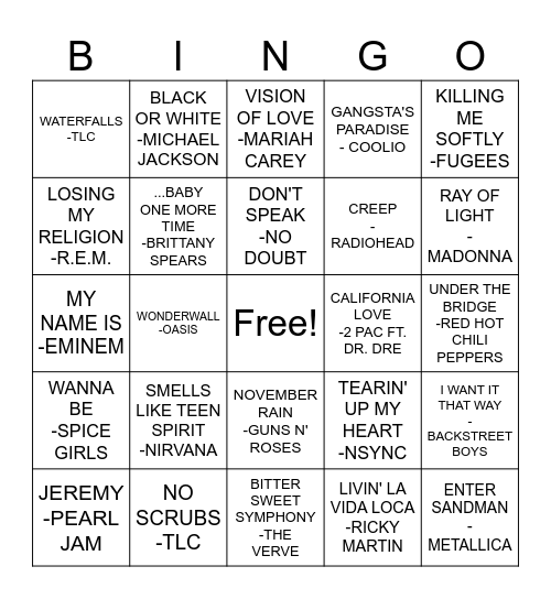 90'S MUSIC Bingo Card