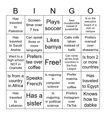 Arab Student Organization 3 Bingo Card