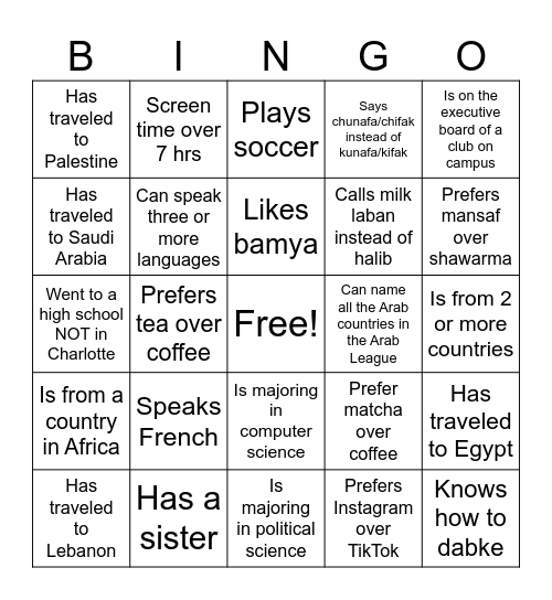 Arab Student Organization 3 Bingo Card