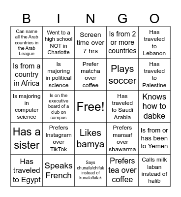 Arab Student Organization 4 Bingo Card