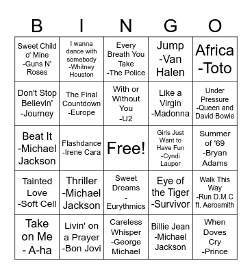 1980's Songs Bingo Card