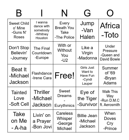 1980's Songs Bingo Card