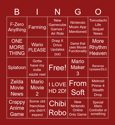 12/09/25 Nintendo Direct Bingo Card