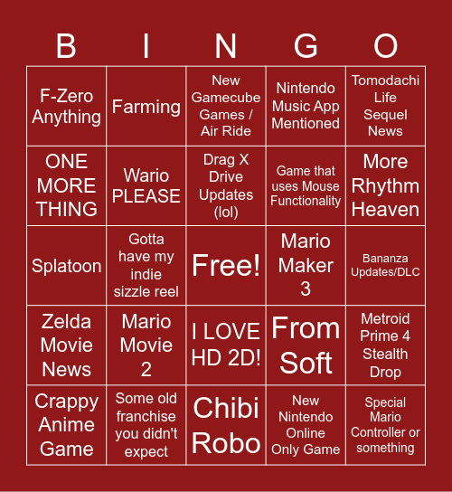 12/09/25 Nintendo Direct Bingo Card