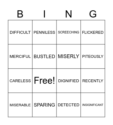 Vocabulary bingo Card