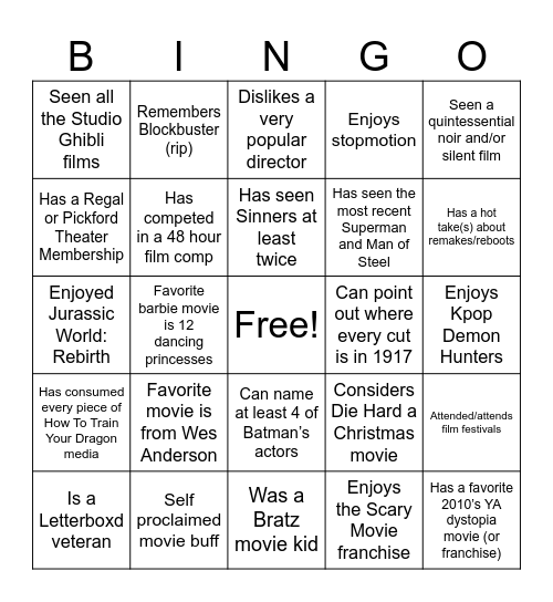 Cinephiles/Film Bingo Card