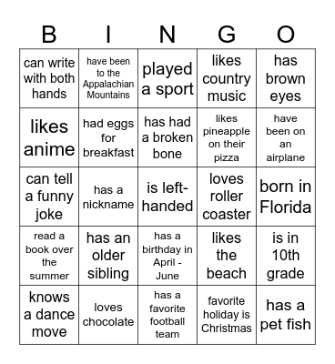 High School Get-to-Know Bingo Card