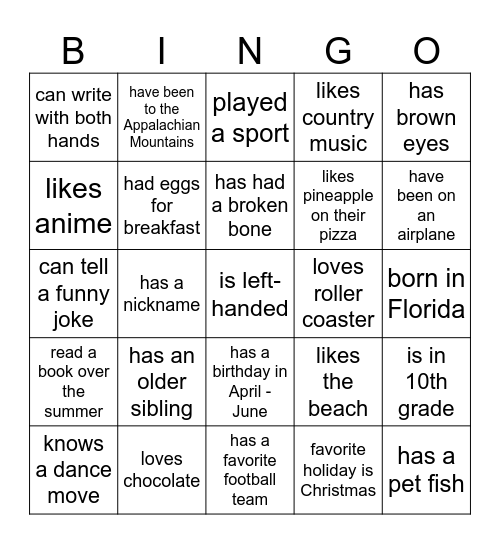 High School Get-to-Know Bingo Card