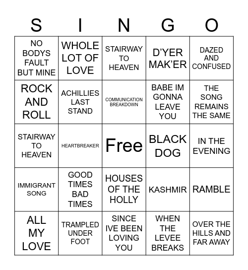 LED ZEPPELIN Bingo Card