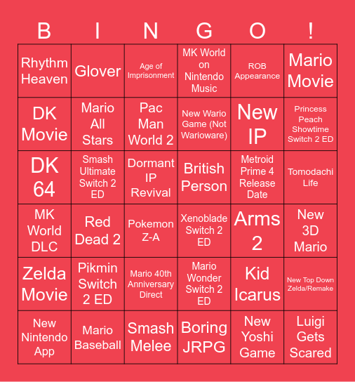 Nintendo Direct Bingo Card
