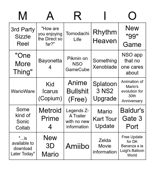 Nintendo Direct - September 2025 Bingo Card