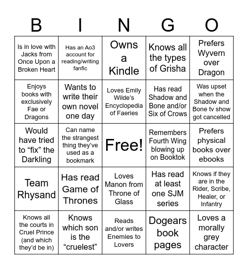 Romantasy Bingo Card