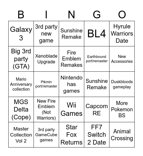 Nintendo Direct 9/12/25 Bingo Card