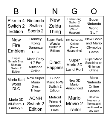 Nintendo Direct 9/12 Bingo Card