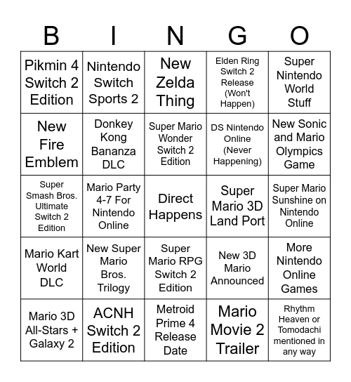 Nintendo Direct 9/12 Bingo Card