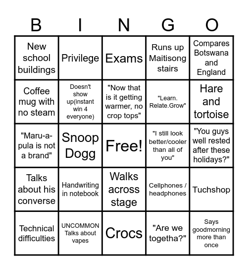 First day assembly Bingo Card