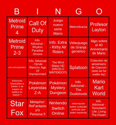 Bingo Nintendo Direct - 12/09/2025 Bingo Card