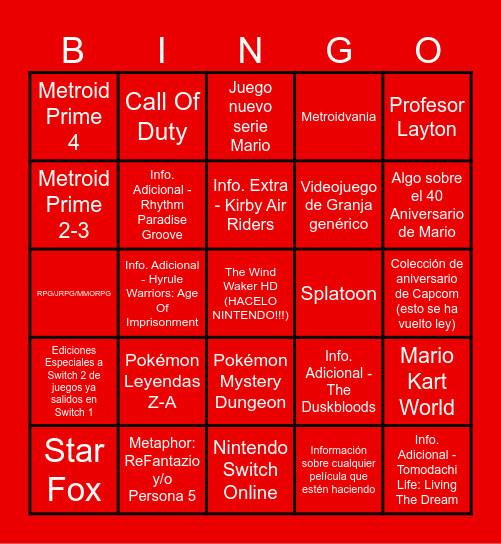 Bingo Nintendo Direct - 12/09/2025 Bingo Card