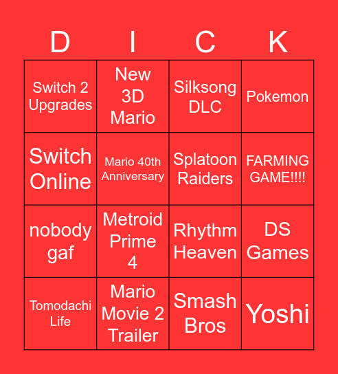 9.12.2025 Nintendo Direct Bingo Card