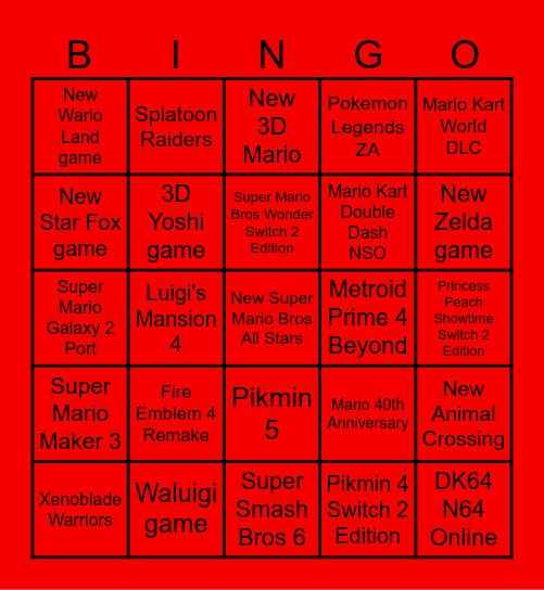 Nintendo Direct Bingo 9/12/25 Bingo Card