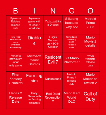 Nintendo Direct 2025-09-12 Bingo Card