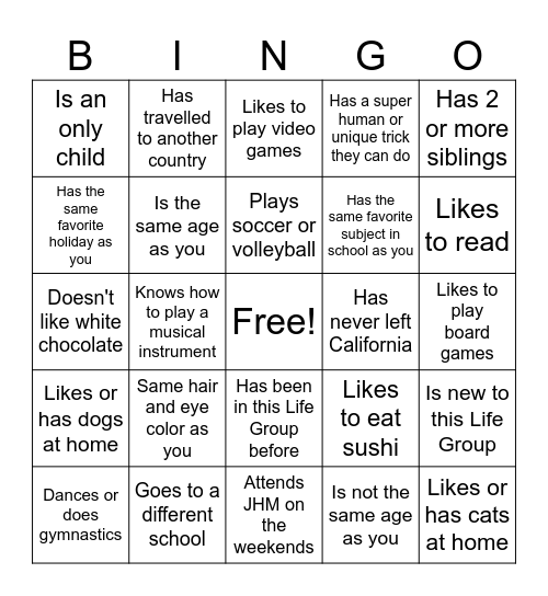 Life Group 8th Grade Girls Meet and Greet Bingo Card