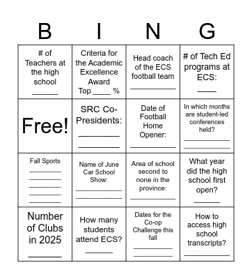 ECS September Trivia Bingo Card