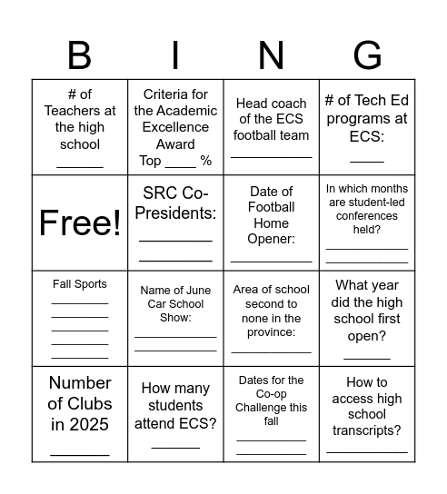 ECS September Trivia Bingo Card