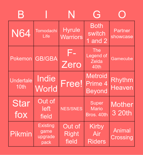 Nintendo Direct Bingo 2025 Bingo Card