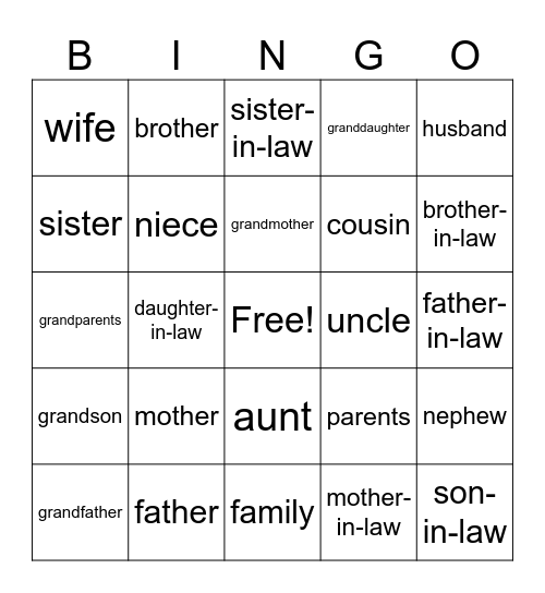 Family Bingo Card